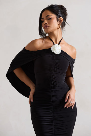 Adriana Black Ruched Halter-Neck Draped Mini Dress With Corsage